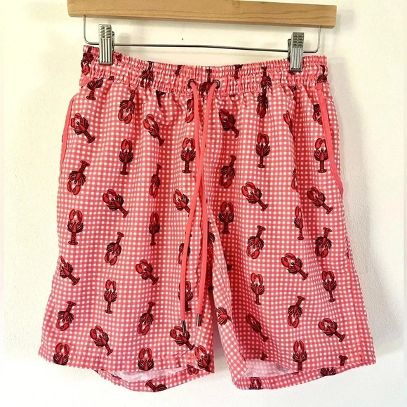 Mr. Swim Red Gingham Lobster Print Men’s 7" Inseam Swim Trunks Size Medium - Picture 1 of 12